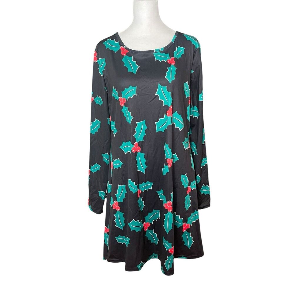 Christmas Dress XL Long Sleeve Fit & Flare Black Holly Berry Holiday